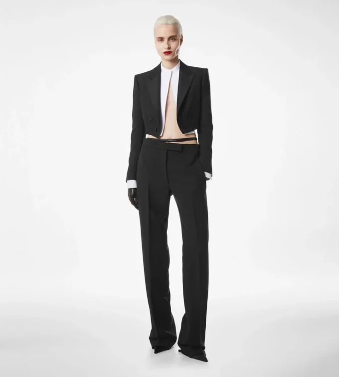 Wool Silk Blend Double Breasted Cropped Tuxedo Jacket Wool Silk Blend Double Breasted Cropped Tuxedo Jacket