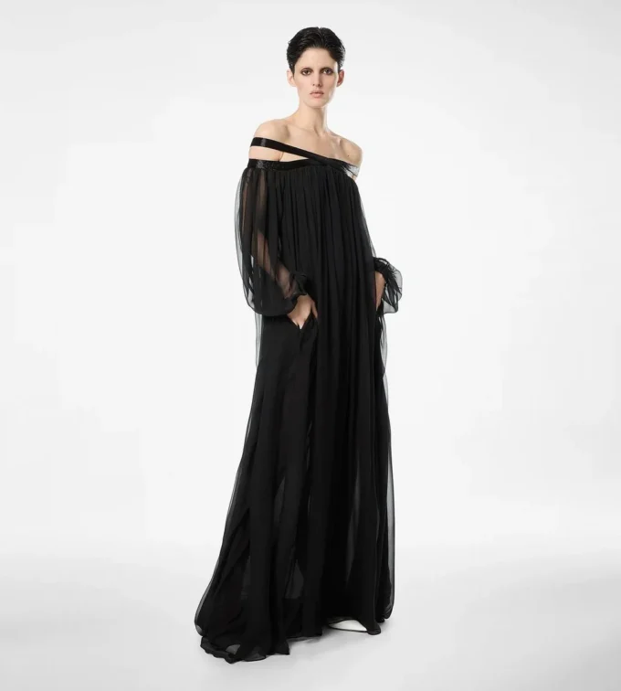 Embroidered Silk Chiffon Off the Shoulder Evening Dress Embroidered Silk Chiffon Off the Shoulder Evening Dress