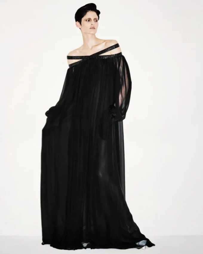 Embroidered Silk Chiffon Off the Shoulder Evening Dress Embroidered Silk Chiffon Off the Shoulder Evening Dress