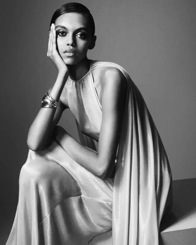 Evening Dress with Keyhole Neckline and Asymmetric Cape