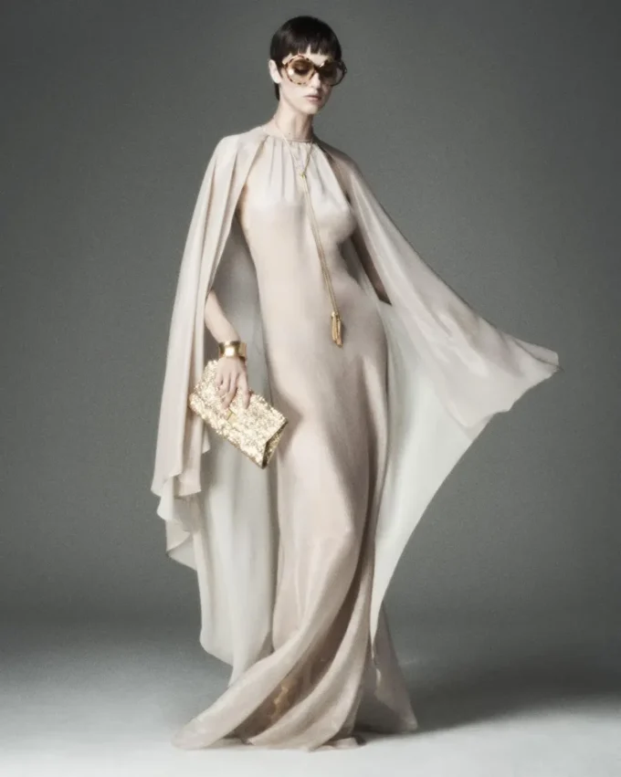 Evening Dress with Keyhole Neckline and Asymmetric Cape