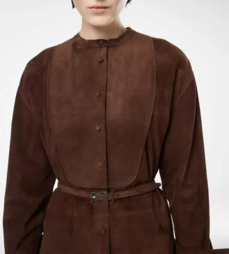 Full Grain Lamb Suede Belted Plastron Mini Shirt Dress