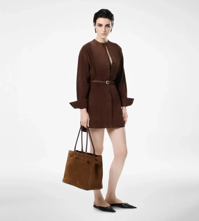 Full Grain Lamb Suede Belted Plastron Mini Shirt Dress