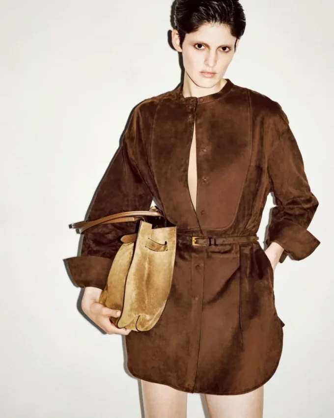 Full Grain Lamb Suede Belted Plastron Mini Shirt Dress
