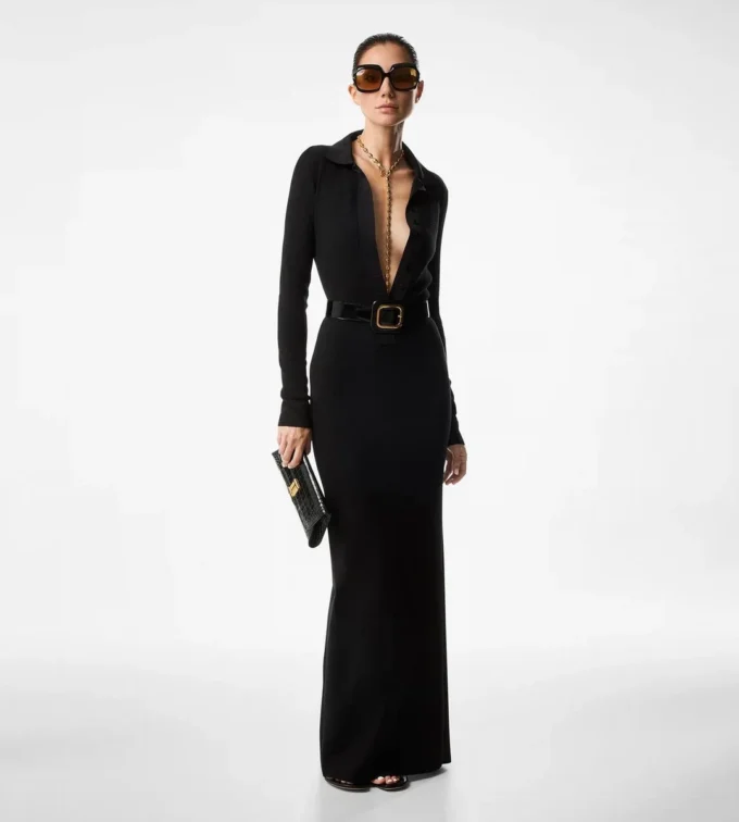 Full Needle Stretch Wool Polo Maxi Dress