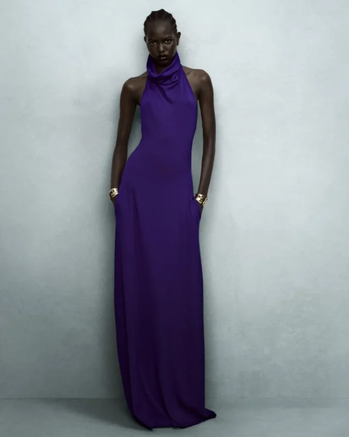 Long Halterneck Dress with Pockets and Open Back Long Halterneck Dress with Pockets and Open Back