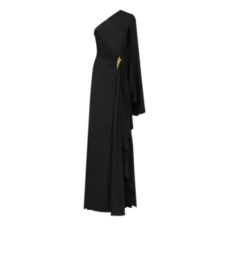 One Shoulder Evening Dress with Cape and Liza Hardware Detail One Shoulder Evening Dress with Cape and Liza Hardware Detail