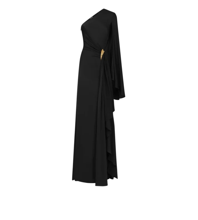 One Shoulder Evening Dress with Cape and Liza Hardware Detail