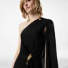 One Shoulder Evening Dress with Cape and Liza Hardware Detail