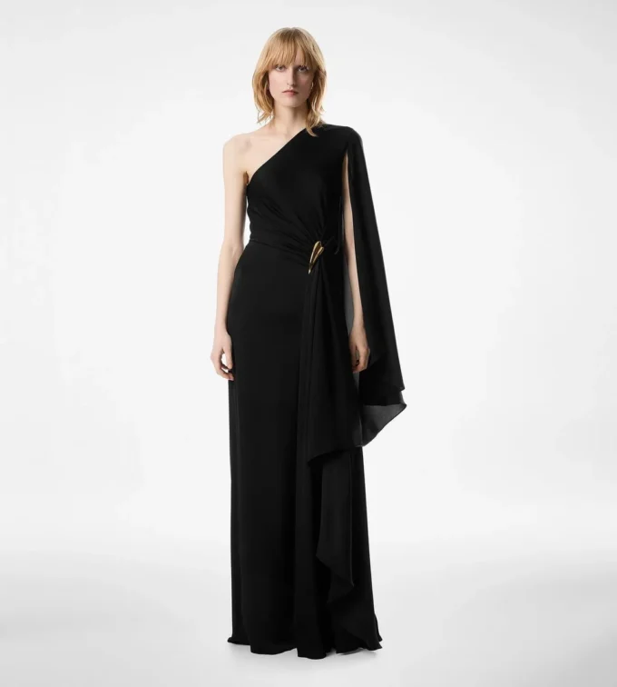 One Shoulder Evening Dress with Cape and Liza Hardware Detail