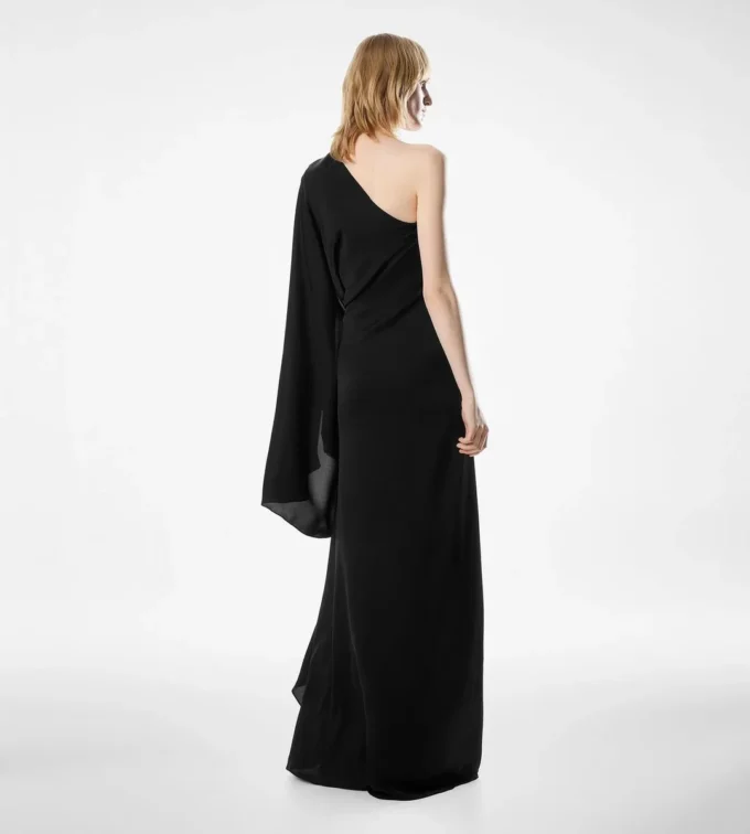One Shoulder Evening Dress with Cape and Liza Hardware Detail