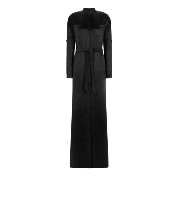 Polka Dot Jacquard Long Belted Military Dress