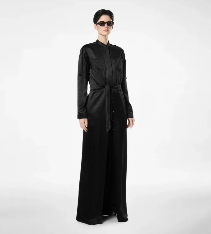 Polka Dot Jacquard Long Belted Military Dress