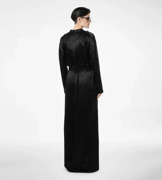 Polka Dot Jacquard Long Belted Military Dress