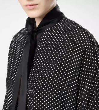 Polka Dot Silk Crepe De Chine Lavalliere Tunic Top with Tuxedo Details