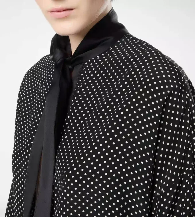 Polka Dot Silk Crepe De Chine Lavalliere Tunic Top with Tuxedo Details