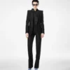 Polka Dot Silk Crepe De Chine Lavalliere Tunic Top with Tuxedo Details