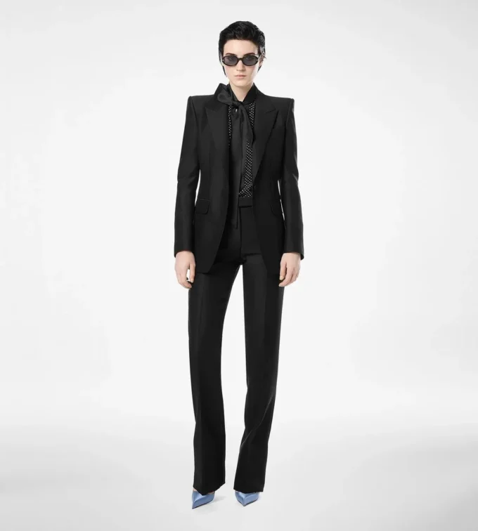 Polka Dot Silk Crepe De Chine Lavalliere Tunic Top with Tuxedo Details