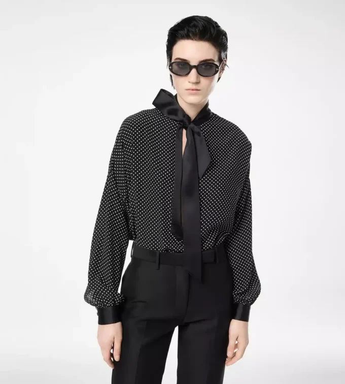Polka Dot Silk Crepe De Chine Lavalliere Tunic Top with Tuxedo Details