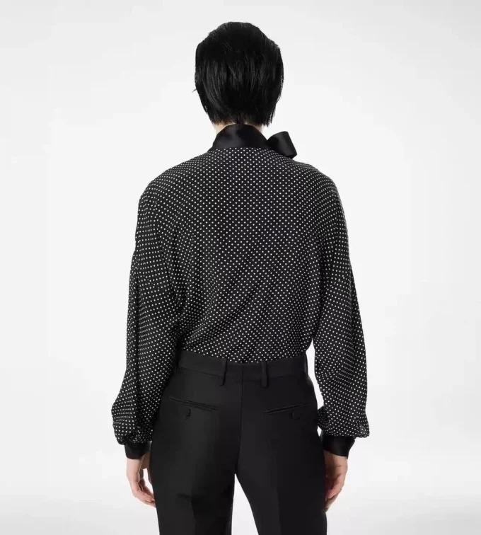 Polka Dot Silk Crepe De Chine Lavalliere Tunic Top with Tuxedo Details