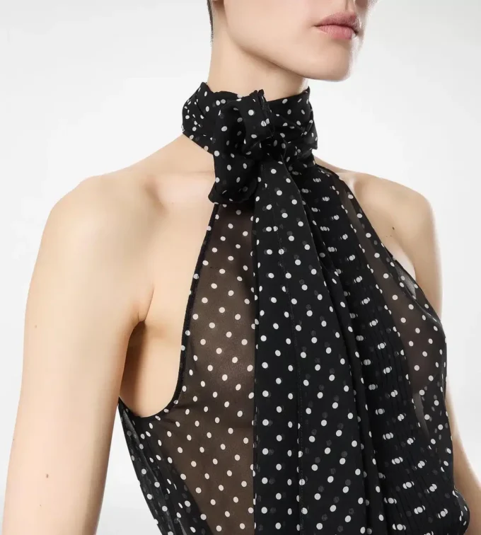Polka Dot Silk Georgette Halterneck Lavalliere Top with Plisse Detail