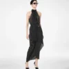 Polka Dot Silk Georgette Halterneck Lavalliere Top with Plisse Detail