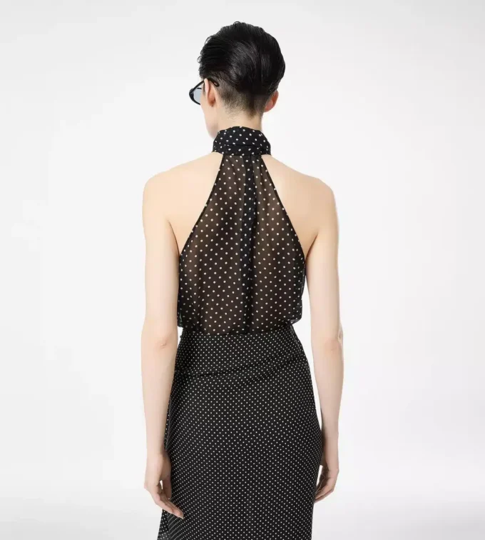 Polka Dot Silk Georgette Halterneck Lavalliere Top with Plisse Detail