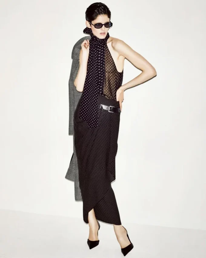 Polka Dot Silk Georgette Halterneck Lavalliere Top with Plisse Detail