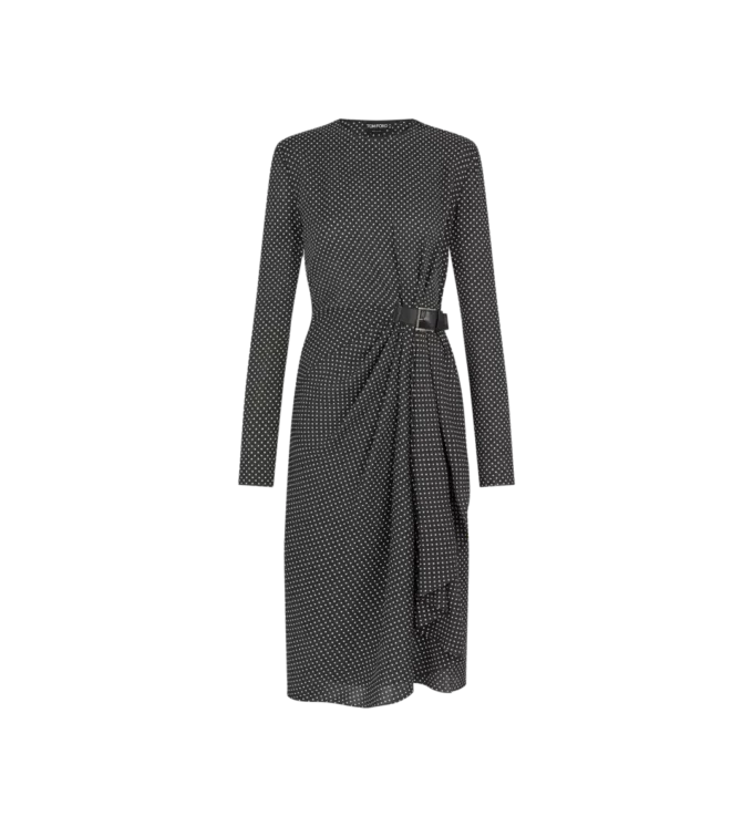 Printed Silk Sable Long Sleeve Dress with Leather Detail Printed Silk Sable Long Sleeve Dress with Leather Detail