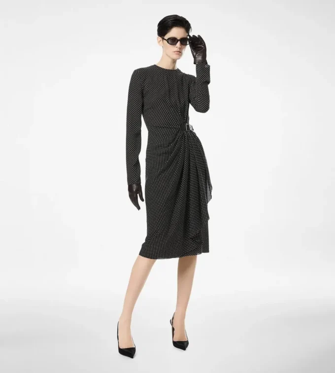 Printed Silk Sable Long Sleeve Dress with Leather Detail Printed Silk Sable Long Sleeve Dress with Leather Detail