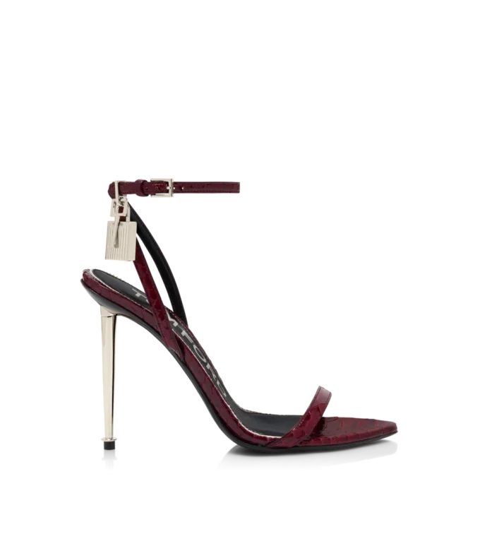Semi Shiny Printed Python Padlock Pointy Naked Sandal Semi Shiny Printed Python Padlock Pointy Naked Sandal