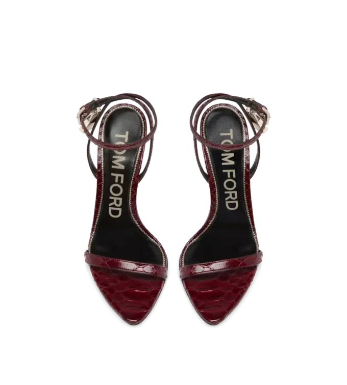 Semi Shiny Printed Python Padlock Pointy Naked Sandal Semi Shiny Printed Python Padlock Pointy Naked Sandal