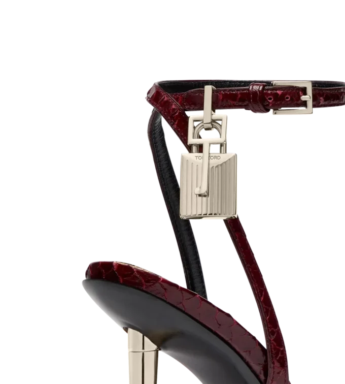 Semi Shiny Printed Python Padlock Pointy Naked Sandal Semi Shiny Printed Python Padlock Pointy Naked Sandal