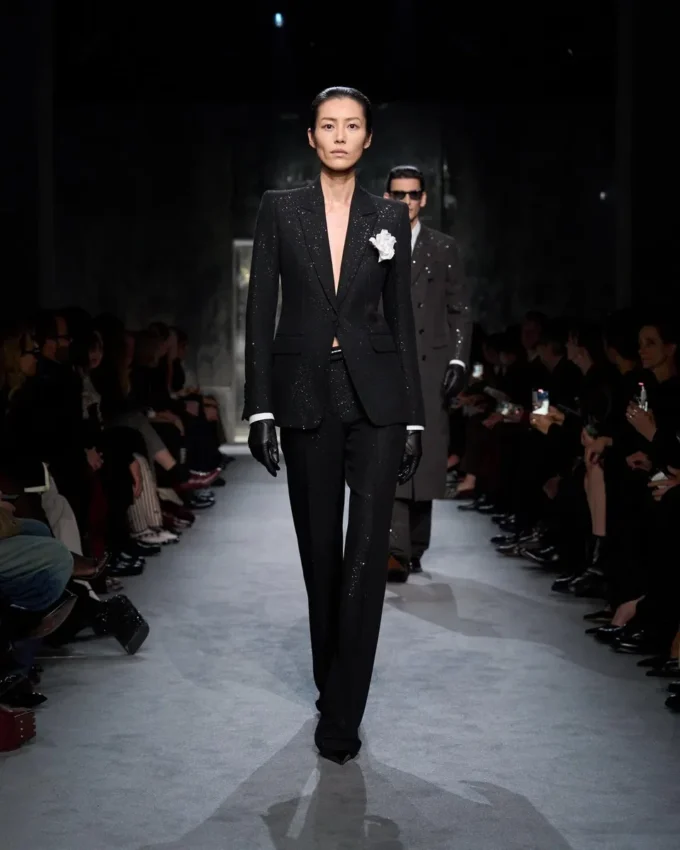 Sequined Wool Blend Crepe Tailored Straight Pants Sequined Wool Blend Crepe Tailored Straight Pants