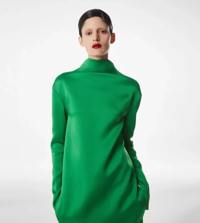Shiny Crepe Mock Neck Column Evening Dress Shiny Crepe Mock Neck Column Evening Dress
