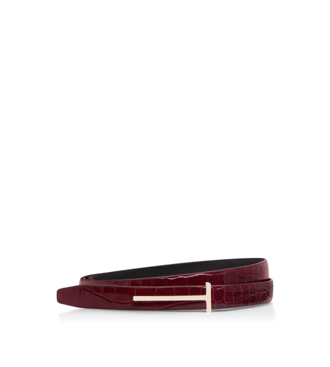 Shiny Stamped Crocodile Leather Slim T Belt