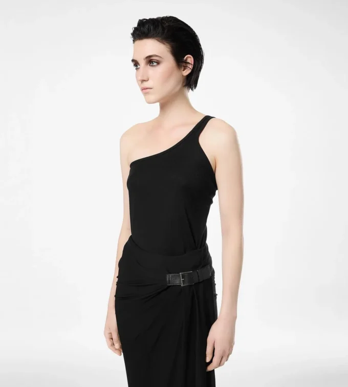 Silk Blend Rib Jersey One Shoulder Top