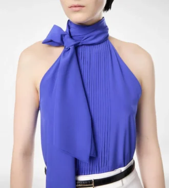Silk Halterneck Lavalliere Top with Plisse Detail