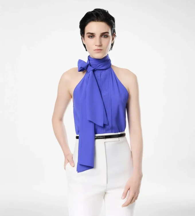 Silk Halterneck Lavalliere Top with Plisse Detail