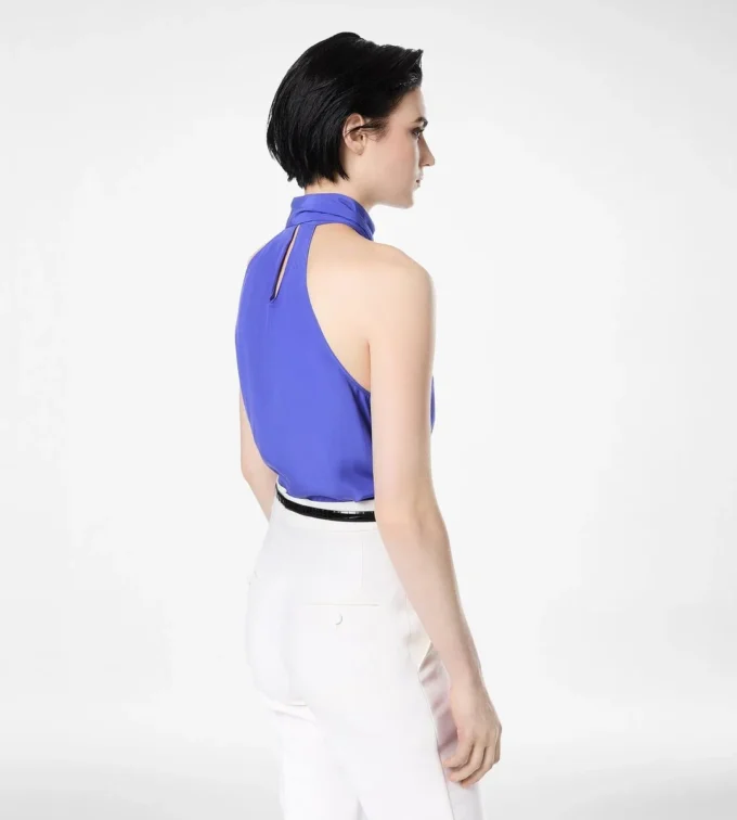 Silk Halterneck Lavalliere Top with Plisse Detail