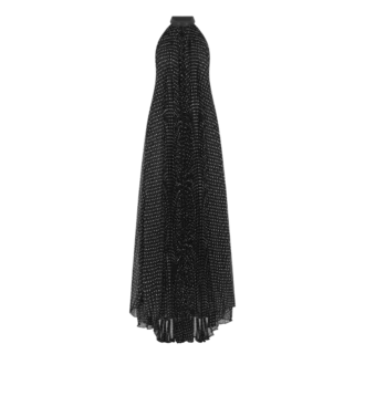 Silk Halterneck Sunray Plisse Evening Dress with Leather Detail