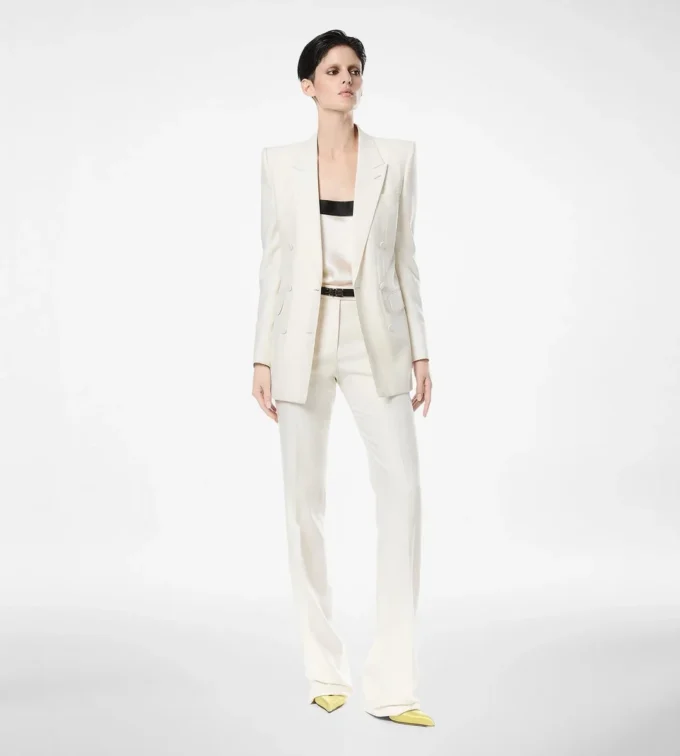 Shadow Stripe Wool Silk Double Breasted Peak Lapel Jacket Shadow Stripe Wool Silk Double Breasted Peak Lapel Jacket