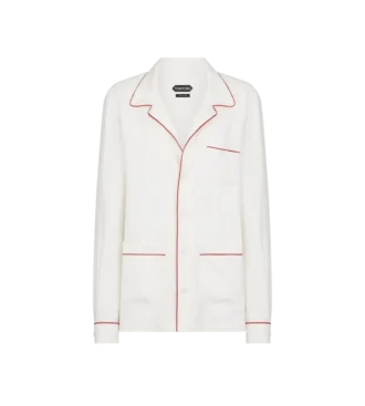Silk Twill Pj Shirt with Piping and Tonal Tf Embroidered Logo