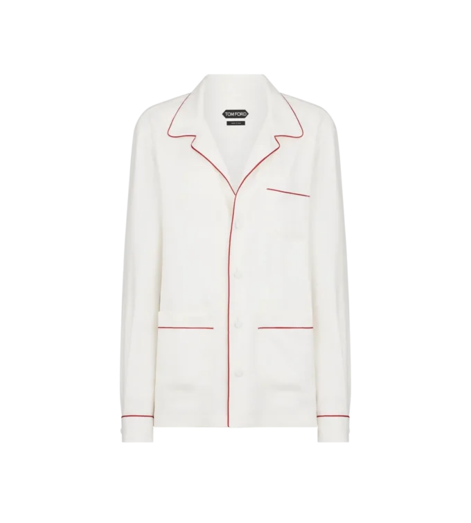 Silk Twill Pj Shirt with Piping and Tonal Tf Embroidered Logo