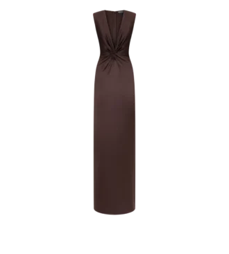 Sleeveless Deep V-Neck Twist Front Silk Evening Dress