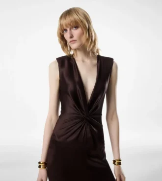 Sleeveless Deep V-Neck Twist Front Silk Evening Dress