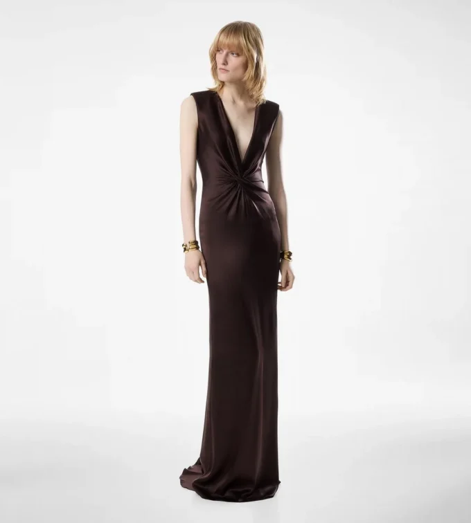 Sleeveless Deep V-Neck Twist Front Silk Evening Dress Sleeveless Deep V-Neck Twist Front Silk Evening Dress