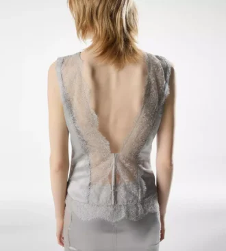 Sleeveless Silk Top with V-Back and Lace Inserts Sleeveless Silk Top with V-Back and Lace Inserts