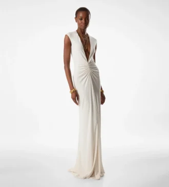 Stretch Sable’ Jersey Deep V-Neck Evening Dress Stretch Sable’ Jersey Deep V-Neck Evening Dress