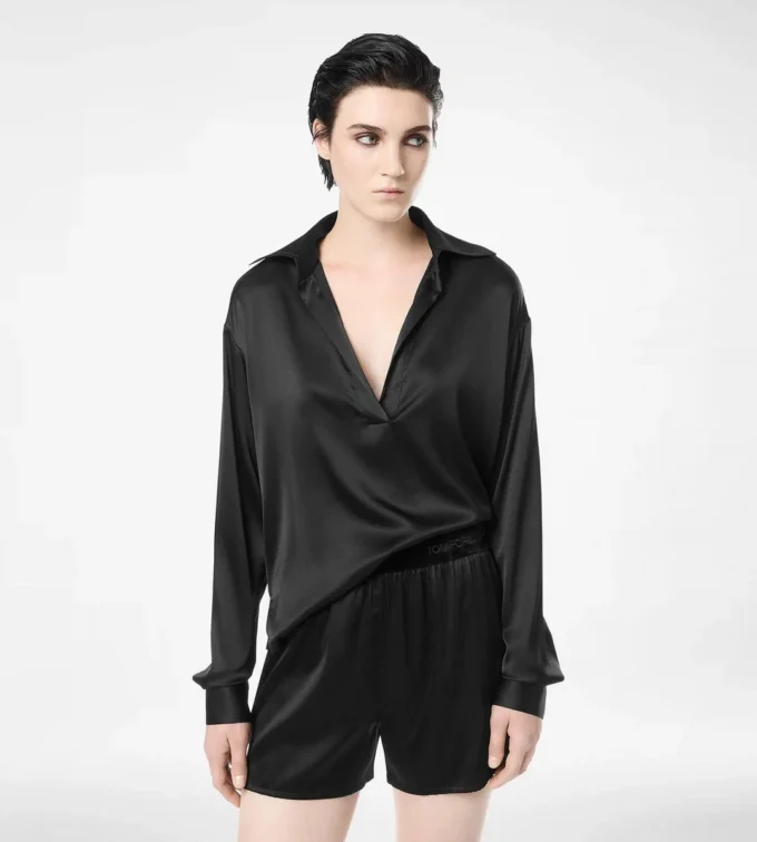 Stretch Silk Satin Polo with Tonal Tf Embroidered Logo